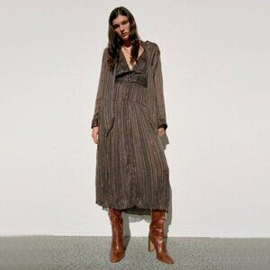 NWT Zara black brown metallic thread belted midi dress, S